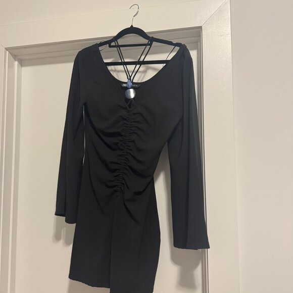 Zara Gothic Black Stone Accent Bell Sleeve Flare Mini Dress Size Small - Picture 6 of 10